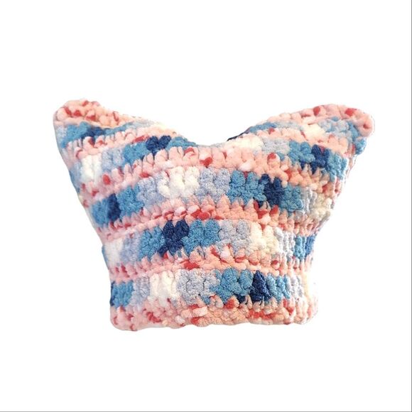 Handmade Pink Blue White Crochet Cat Ear Beanie Hat NEW - Picture 6 of 12
